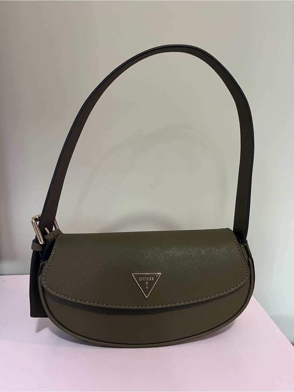 GUESS Olive Green Saffiano Saddle Shoulder Bag with Gold Logo
